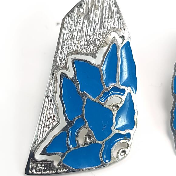 Vintage Blue Enamel Silver Geometric Earrings Bold 80s Statement Jewelry - Picture 3 of 10